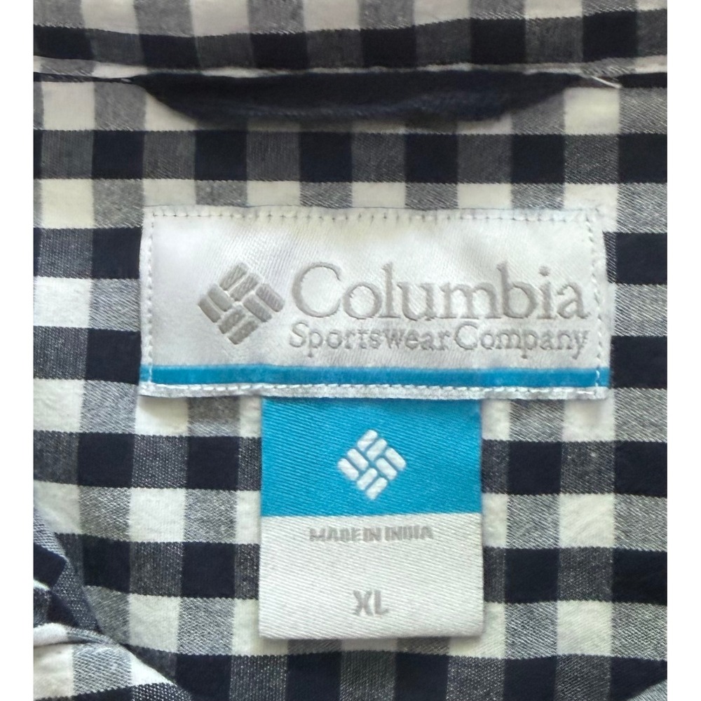 Columbia Mens XL Gingham Button Down Shirt Navy Blue White Long Sleeve Cotton - Picture 4 of 6